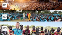 a group of people are standing in front of a crowd of people